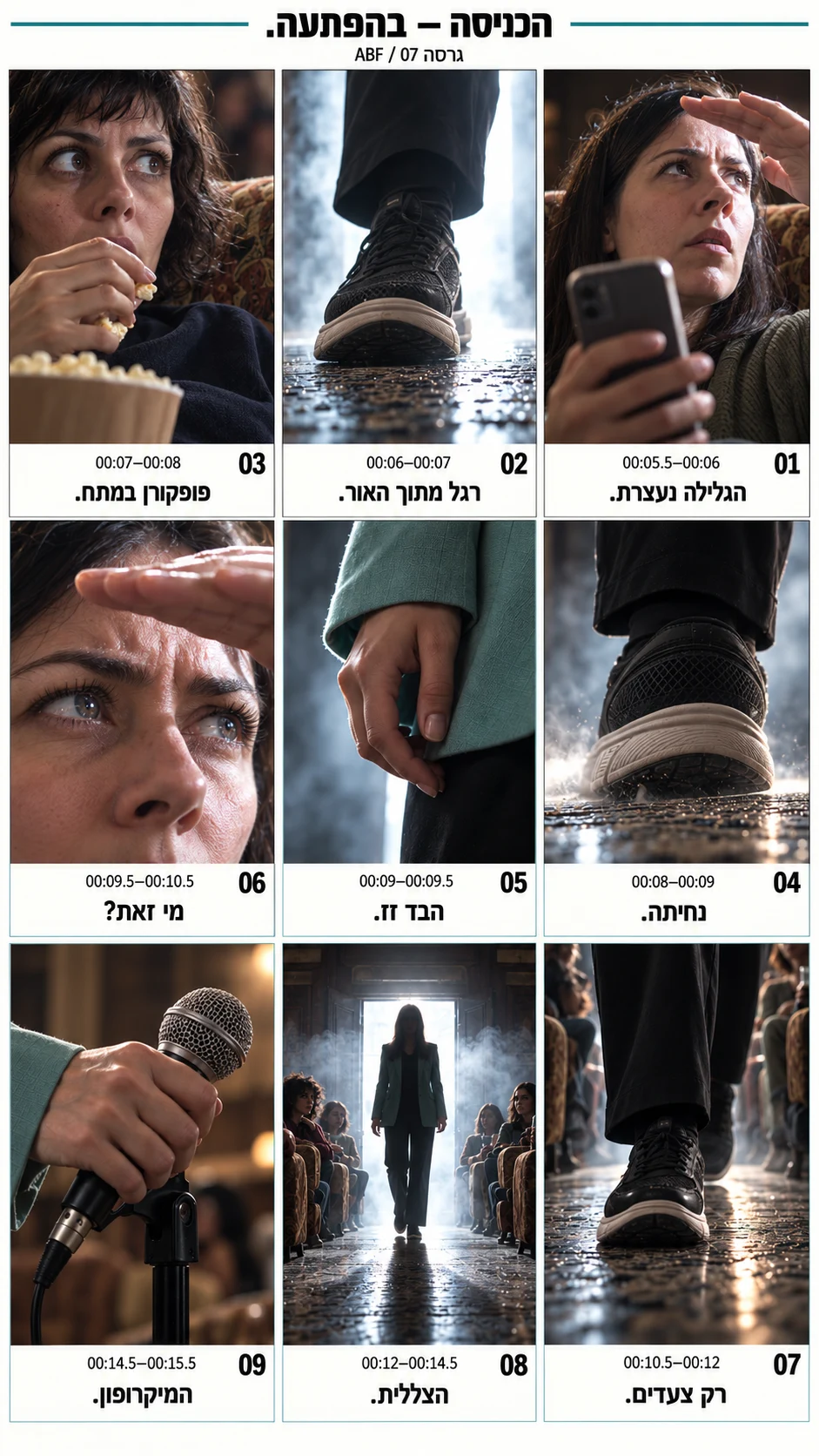 סטוריבורד הכניסה: אור מסנוור, תגובות מהקהל ותקריבים של צעדים