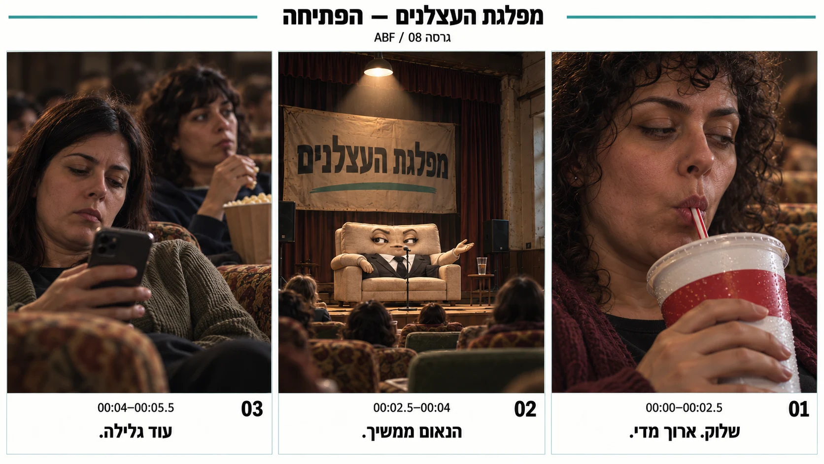 סטוריבורד הפתיחה: כוס קולה ענקית, ספה נואמת וקהל משועמם