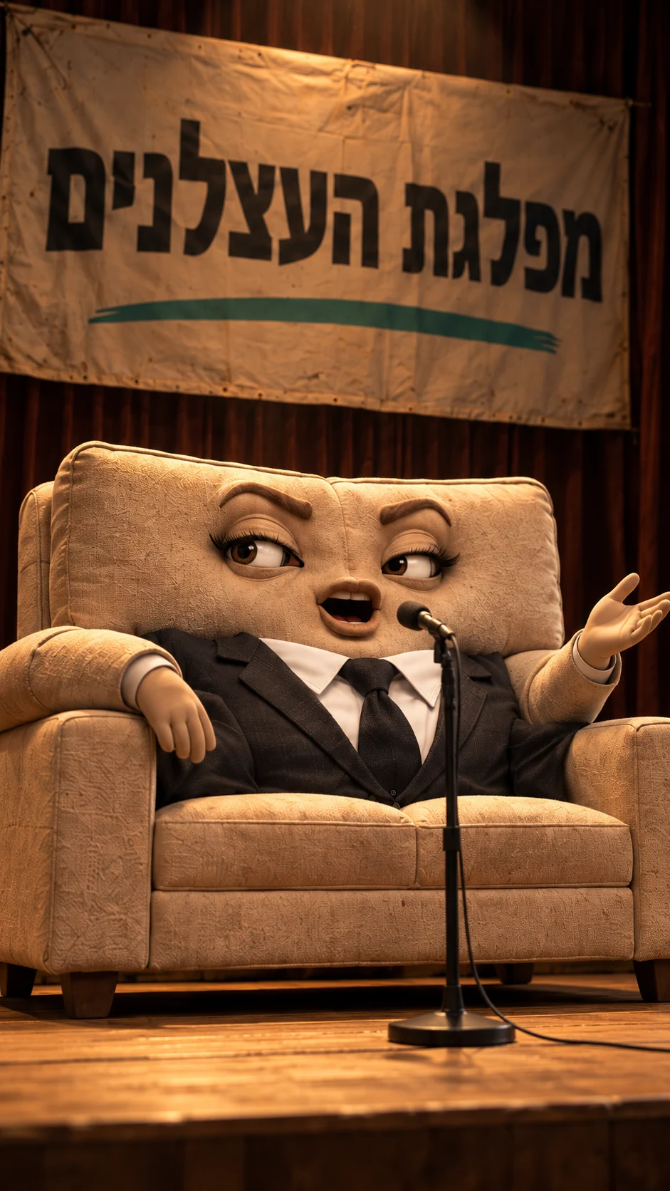 ספה מואנשת בחליפה נואמת מתחת לשלט מפלגת העצלנים